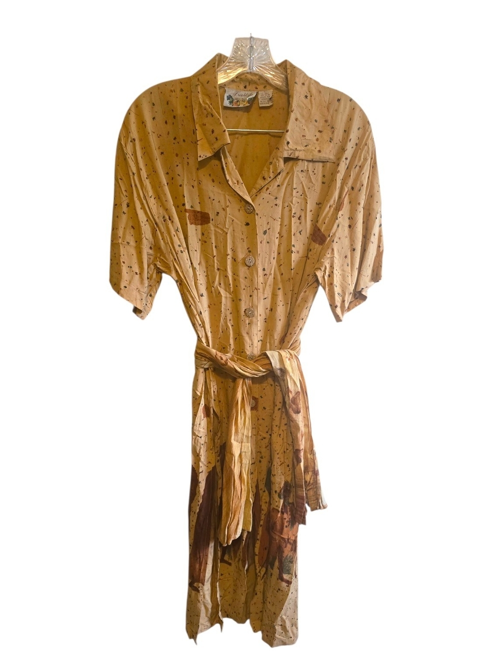 Vintage Freestyle Indian Block Print Rayon Pictorial Midi Dress